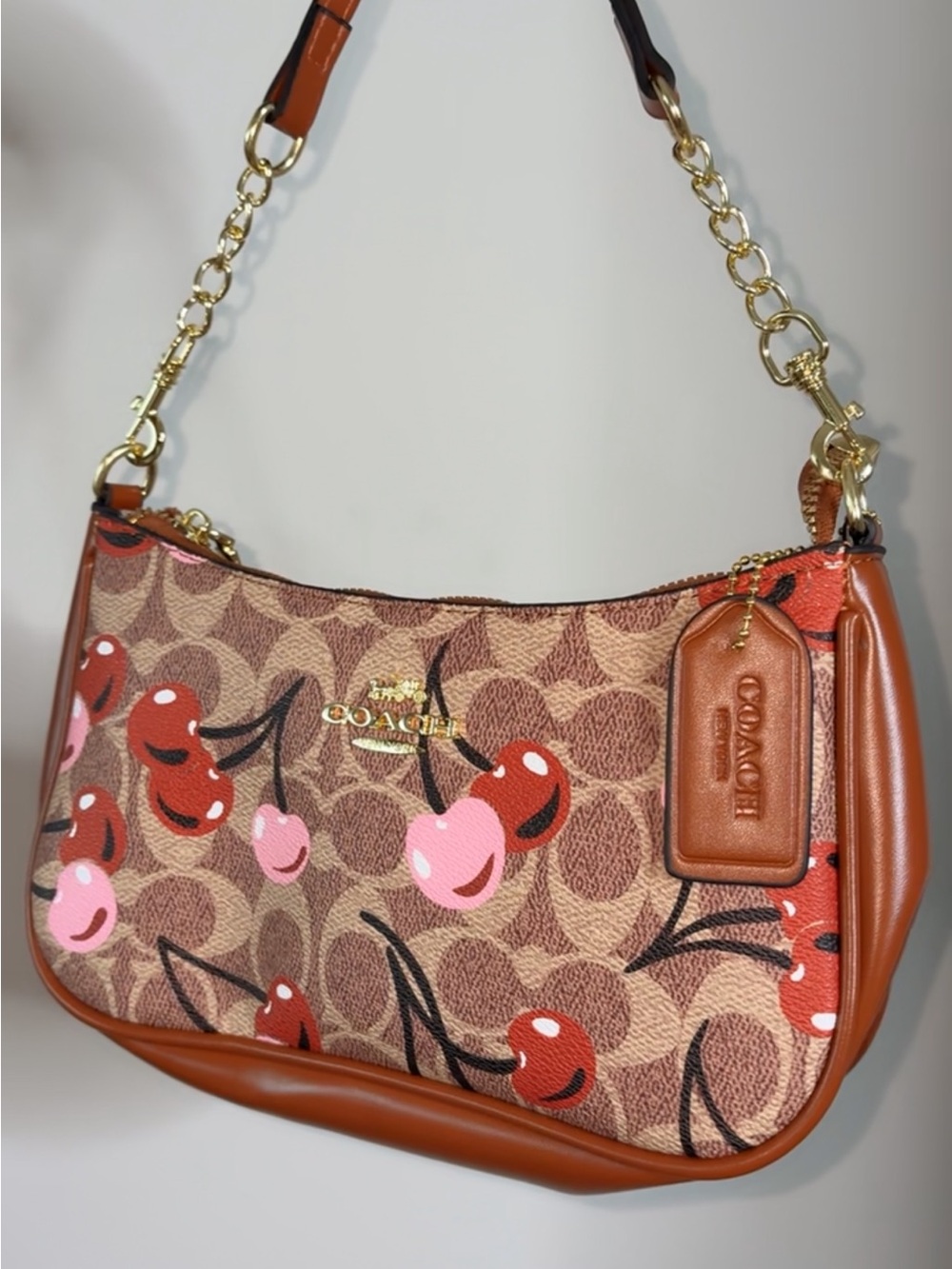 Cherry-Print Shoulder Bag in Brown with Red & Pink Accents